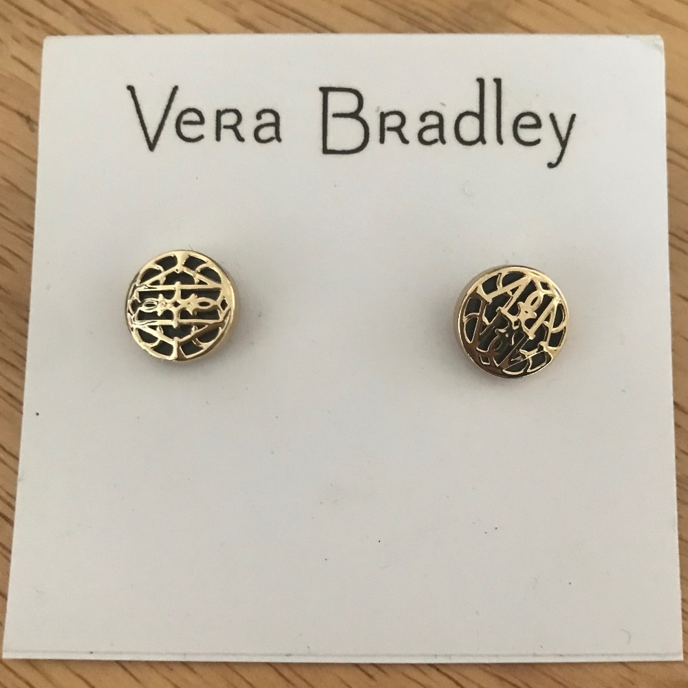 Vera Bradley Gold Tone With Black Signature Icon Stud Earrings